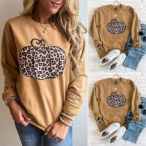 Cute Leopard Pumpkin Printed Long Sleeve Round Neck Sweatshirt
