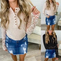 Sexy Lace Spliced Long Sleeve Round Neck Solid Color Top