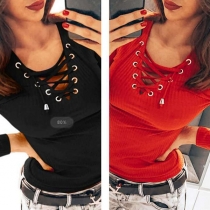 Sexy Lace-up V-neck Long Sleeve Solid Color T-shirt