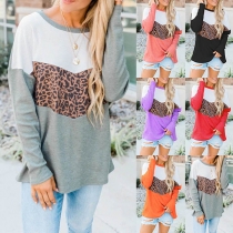 Fashion Leopard Spliced Long Sleeve Round Neck Contrast Color T-shirt