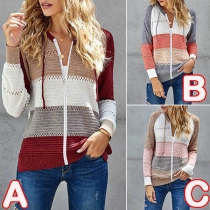 Fashion Contrast Color Long Sleeve Hooded Knit Top