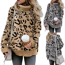 Fashion Leopard Printed Long Sleeve Turtleneck Sweater