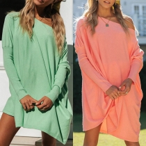 Fashion Solid Color Long Sleeve Boat Neck Loose T-shirt