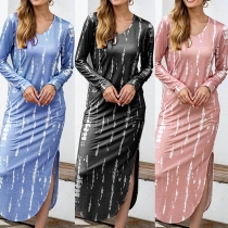 Fashion Long Sleeve V-neck Slit Hem Tie-dye Printed Dress