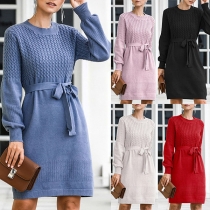 Fashion Solid Color Lantern Sleeve Round Neck Sweater Dress