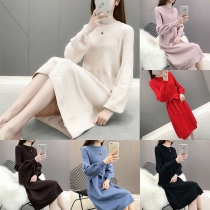 Fashion Solid Color Lantern Sleeve Round Neck Sweater Dress
