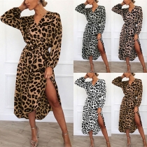 Sexy V-neck Slit Hem Long Sleeve Leopard Printed Dress