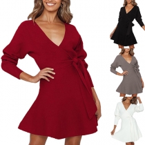 Sexy V-neck Long Sleeve Solid Color Knit Dress