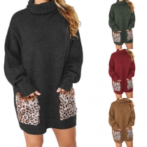Fashion Leopard Spliced Pocket Long Sleeve Turtleneck Sweater