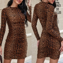 Sexy Long Sleeve Round Neck Leopard Printed Tight Dress