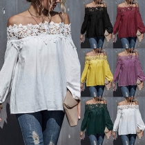 Sexy Lace Spliced Boat Neck Long Sleeve Solid Color Top