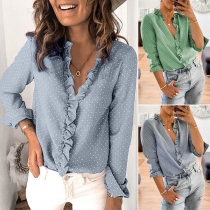 Sweet Style Long Sleeve V-neck Dots Printed Ruffle Blouse