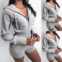 Fashion Solid Color Long Sleeve Hooded High Waist Thin Romper