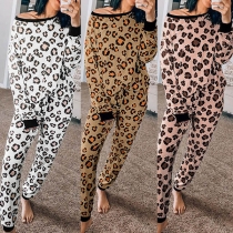 Fashion Leopard Printed Long Sleeve T-shirt + Pants Two-piece Set