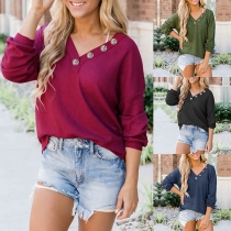 Fashion Solid Color Long Sleeve V-neck Button T-shirt