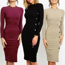 Elegant Solid Color Long Sleeve Round Neck Solid Color Slim Fit Dress