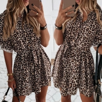 Fashion Long Sleeve POLO Collar Leopard Printed Shirt Dress