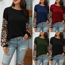 Fashion Leopard Spliced Lantern Sleeve Round Neck T-shirt
