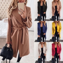 Fashion Solid Color Long Sleeve Lapel Woolen Coat