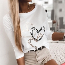 Fashion Beaded Heart Printed Long Sleeve Round Neck Top