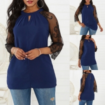 Sexy See-through Lace Spliced 3/4 Sleeve Round Neck Top