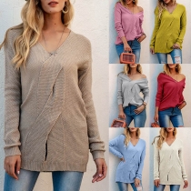 Fashion Solid Color Long Sleeve V-neck Slit Hem Knit Top
