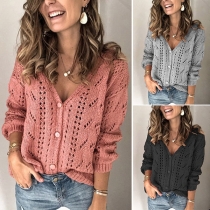 Fashion Solid Color Long Sleeve V-neck Hollow Out Knit Cardigan