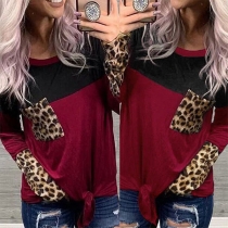 Fashion Leopard Spliced Long Sleeve Round Neck T-shirt
