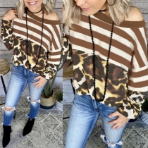 Fashion Leopard Spliced Long Sleeve Round Neck Striped T-shirt