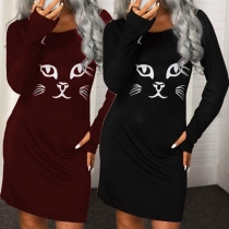 Cute Cat Printed Long Sleeve Round Neck T-shirt Dress