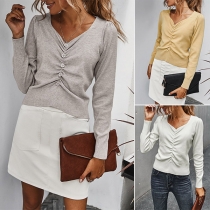 Fashion Solid Color Long Sleeve V-neck Wrinkled Knit Top