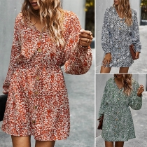 Fashion Long Sleeve V-neck Printed Dress