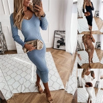 Simple Style Long Sleeve V-neck Solid Color Tight Dress