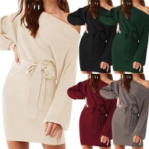Sexy Oblique Shoulder Dolman Sleeve Solid Color Slim Fit Dress