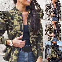 Fashion Camouflage/Leopard Printed Long Sleeve Stand Collar Ruffle Coat