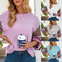 Fashion Striped Spliced Lantern Sleeve Round Neck T-shirt