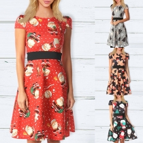 Fashion Short Sleeve Round Neck Christmas Printed Dress