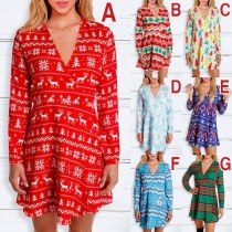 Sexy V-neck Long Sleeve High Waist Printed Dress