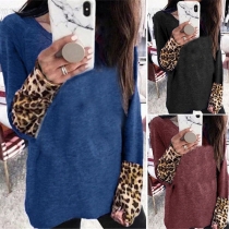 Fashion Leopard Spliced Long Sleeve Round Neck T-shirt