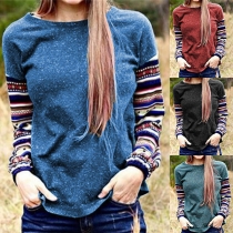 Fashion Printed Spliced Long Sleeve Round Neck T-shirt