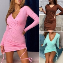 Sexy V-neck Long Sleeve Solid Color Slim Fit Dress