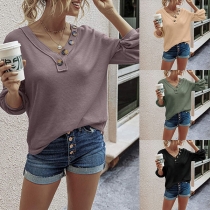 Fashion Solid Color Long Sleeve V-neck Button T-shirt