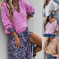Fashion Solid Color Long Sleeve V-neck Hollow Out Heart Knit Top