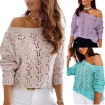 Sexy Off-shoulder Long Sleeve Solid Color Hollow Out Knit Top