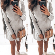 Fashion Solid Color Long Sleeve Round Neck Ruffle Hem Dress