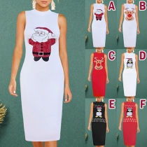 Fashion Sleeveless Round Neck Cartoon Printed Slim Fit Dress