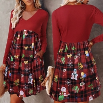 Fashion Long Sleeve V-neck Printed Spliced Hem Dress