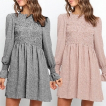 Fashion Long Sleeve Round Neck High Waist Plaid Dress