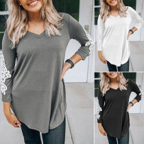 Fashion Lace Spliced Long Sleeve V-neck T-shirt