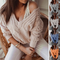 Fashion Solid Color Long Sleeve V-neck Knit Top
